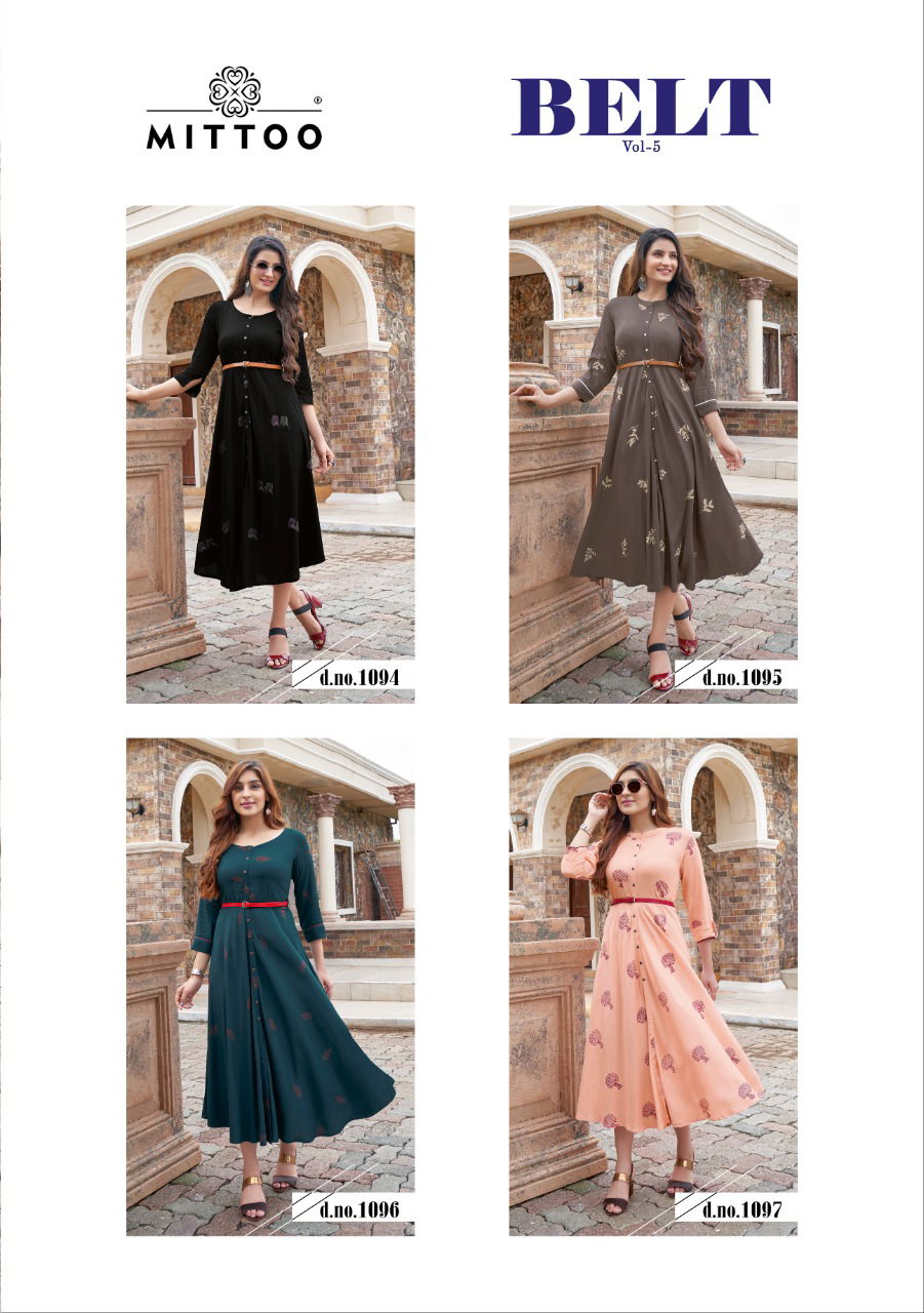 Mittoo Belt 5 Ethnic Wear Long Designer Rayon Printed Kurti Collection
